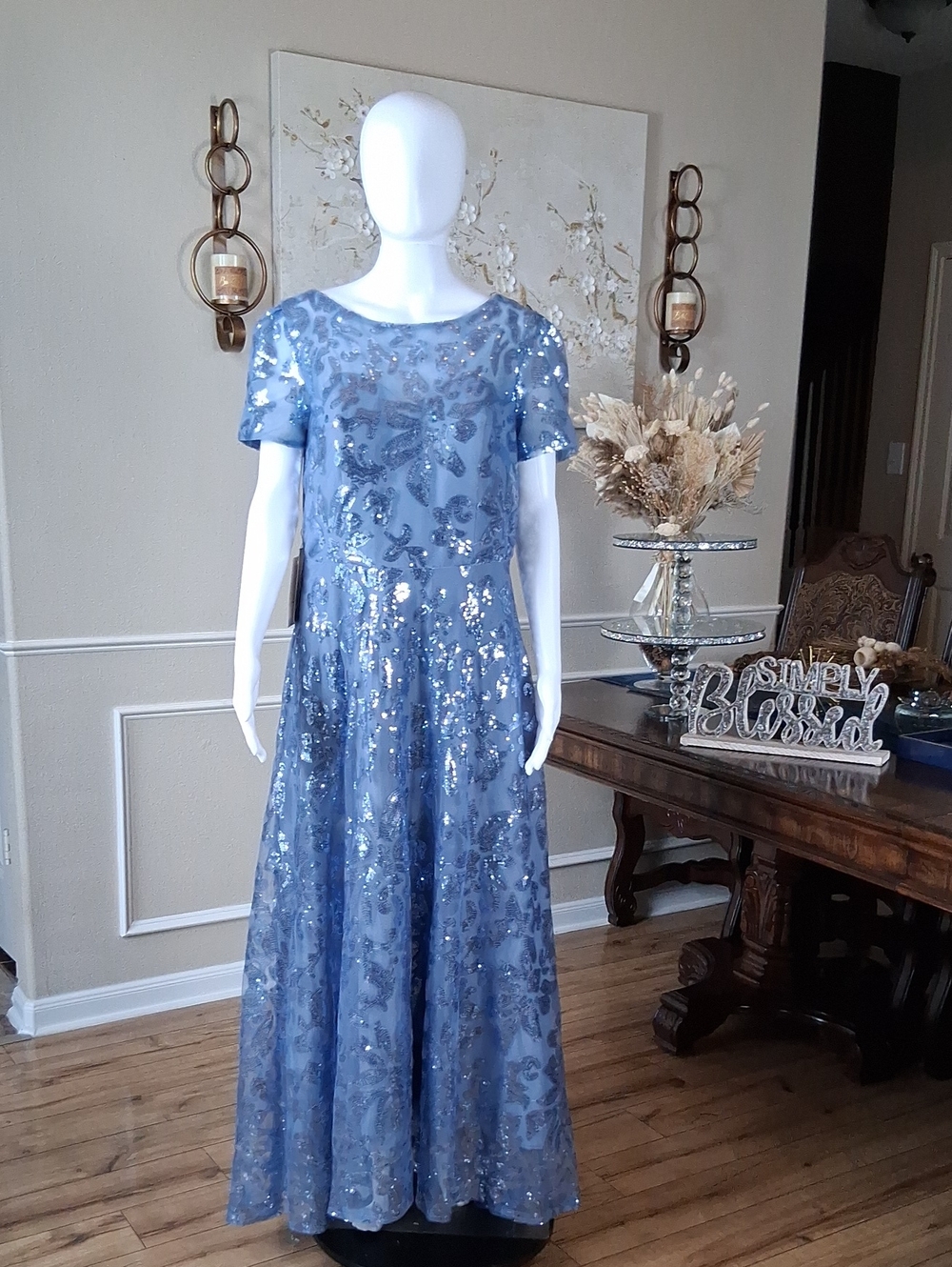 New Women's Dusty Blue Sequin Lace Evening Formal High Low Dress Size 14 - Picture 8 of 16